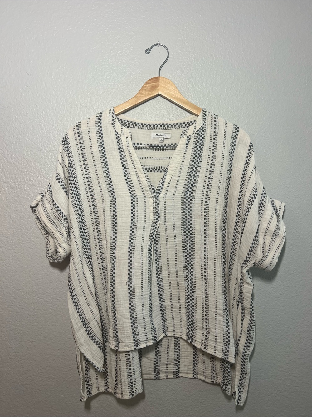 Madewell Lightspun Lakeline Popover Shirt Black & White Stripe, size Large